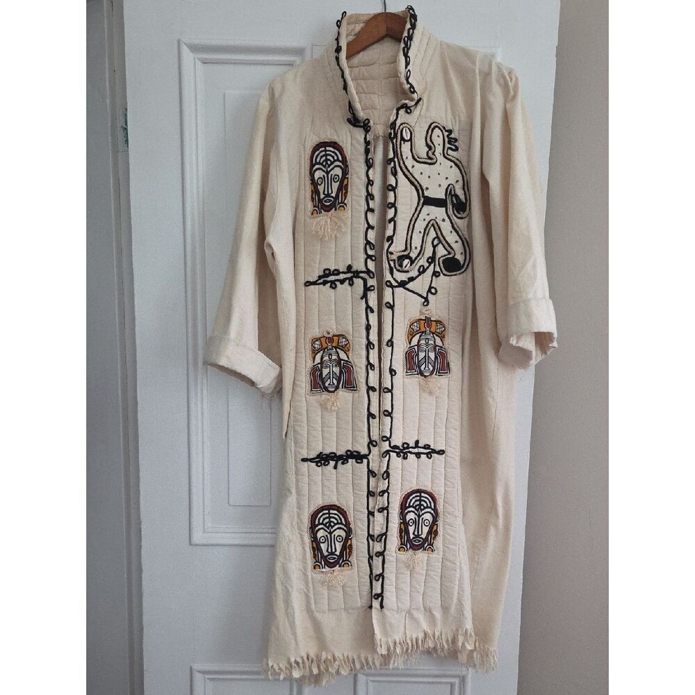Vintage Embroidered Long Duster with Tribal Motifs